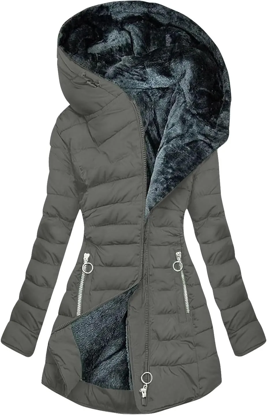Winter Warm Fleece Lined Jackets for Women Padded Wadded Down Puffer Coats Plush Zip Up Hooded Outerwear