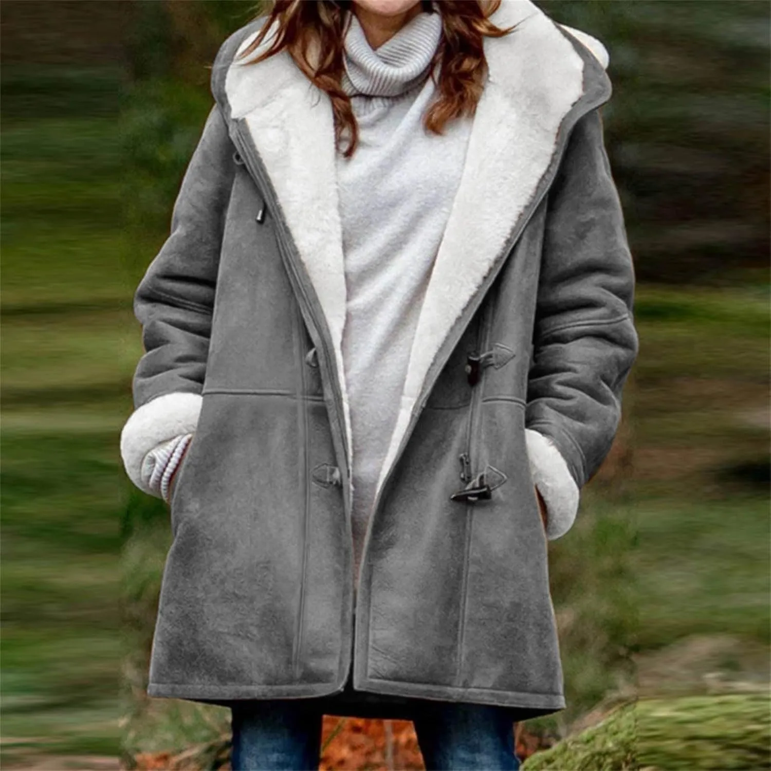 Winter Warm Fleece Lined Jackets for Women Trendy Parka Coat Composite Plush Horn Button Hooded Outerwear