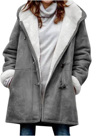 Winter Warm Fleece Lined Jackets for Women Trendy Parka Coat Composite Plush Horn Button Hooded Outerwear