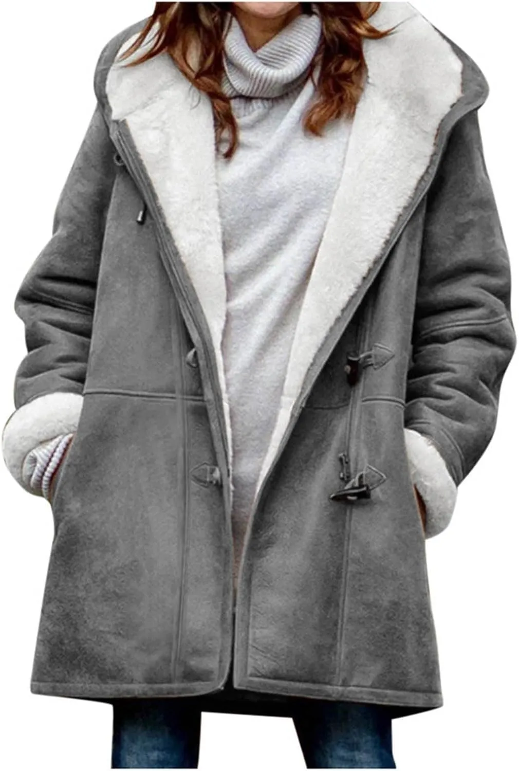 Winter Warm Fleece Lined Jackets for Women Trendy Parka Coat Composite Plush Horn Button Hooded Outerwear
