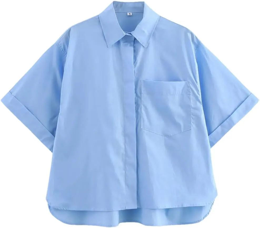 Woman Pocket Embellished Poplin Shirt Slim Short Sleeve Single Breasted Blouses