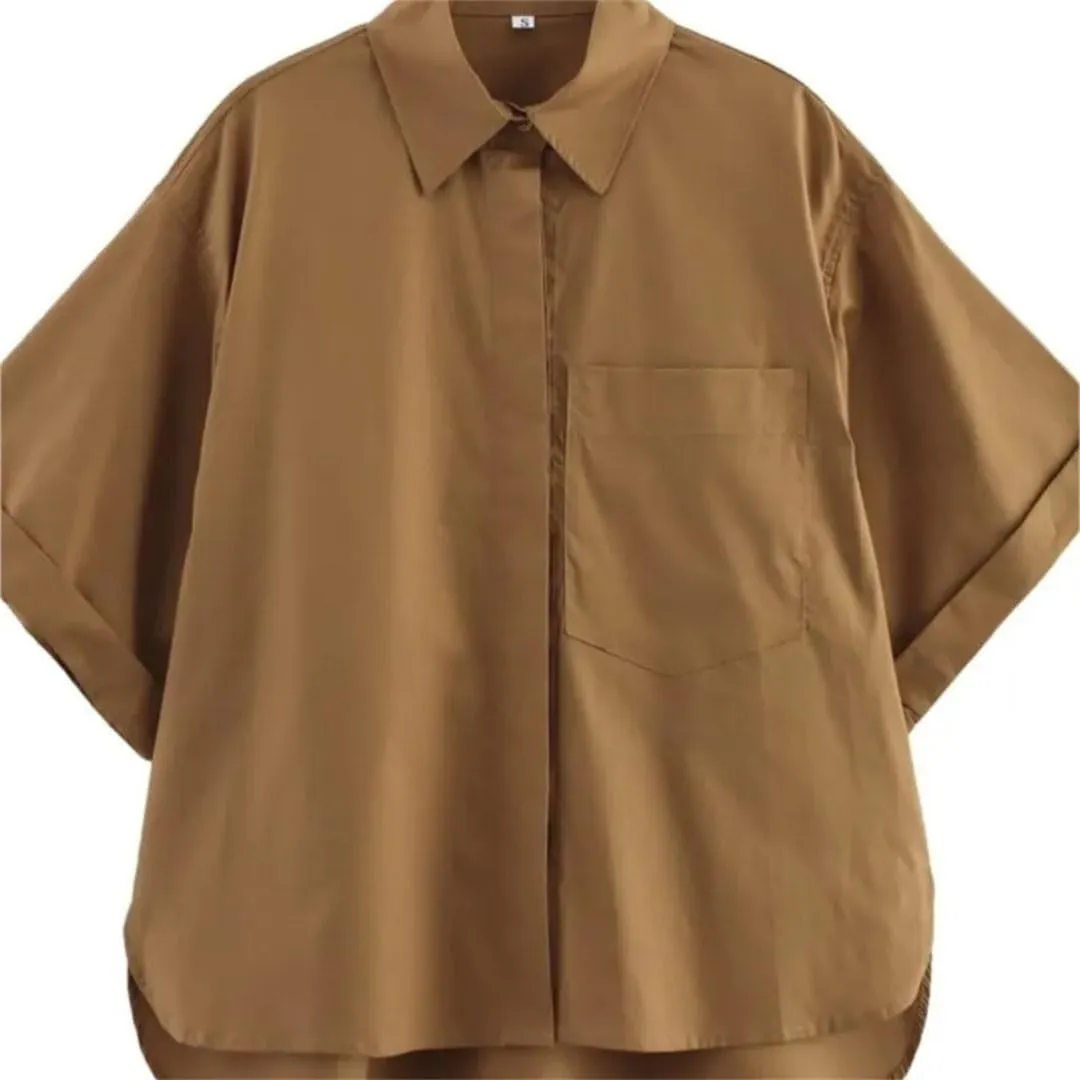 Woman Pocket Embellished Poplin Shirt Slim Short Sleeve Single Breasted Blouses