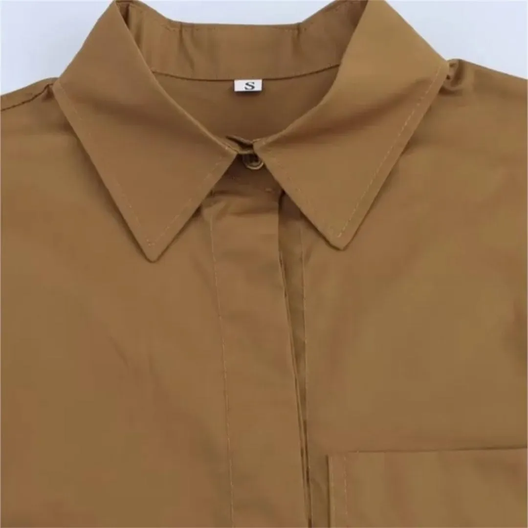 Woman Pocket Embellished Poplin Shirt Slim Short Sleeve Single Breasted Blouses