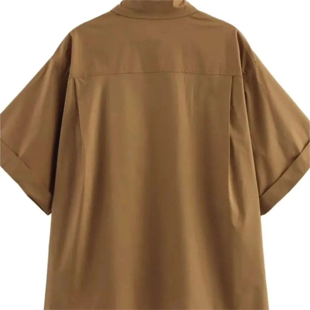 Woman Pocket Embellished Poplin Shirt Slim Short Sleeve Single Breasted Blouses