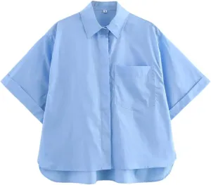 Woman Pocket Embellished Poplin Shirt Slim Short Sleeve Single Breasted Blouses