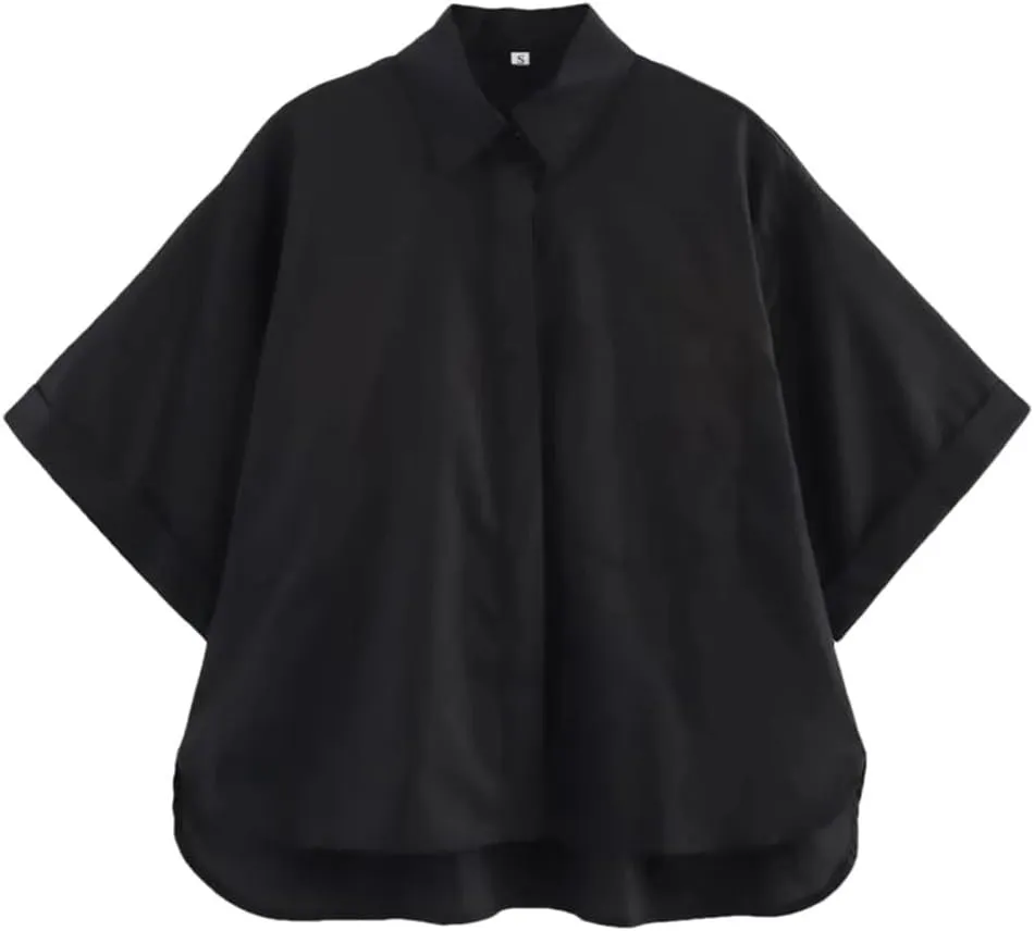 Woman Pocket Embellished Poplin Shirt Slim Short Sleeve Single Breasted Blouses