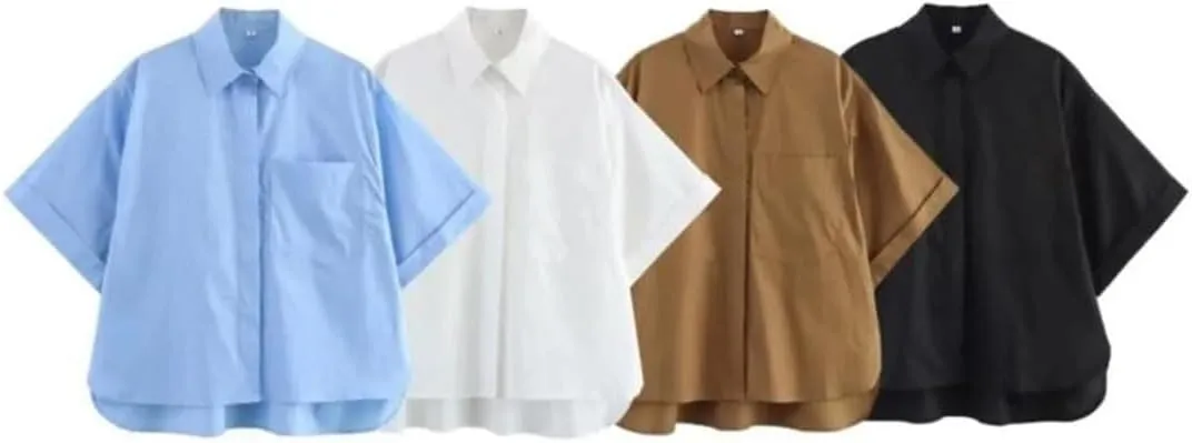 Woman Pocket Embellished Poplin Shirt Slim Short Sleeve Single Breasted Blouses