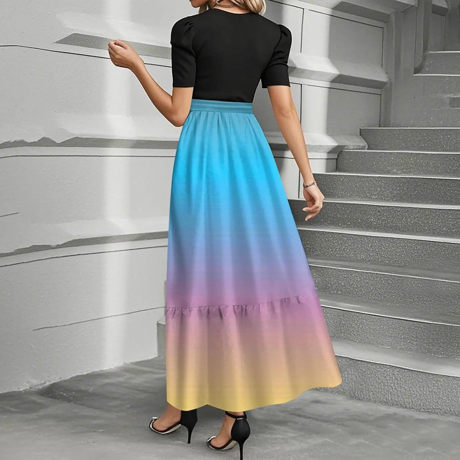 Women 2025 Summer Casual Round Neck Short Sleeve Long Tiered Floral Maxi Flowy Beach Dress