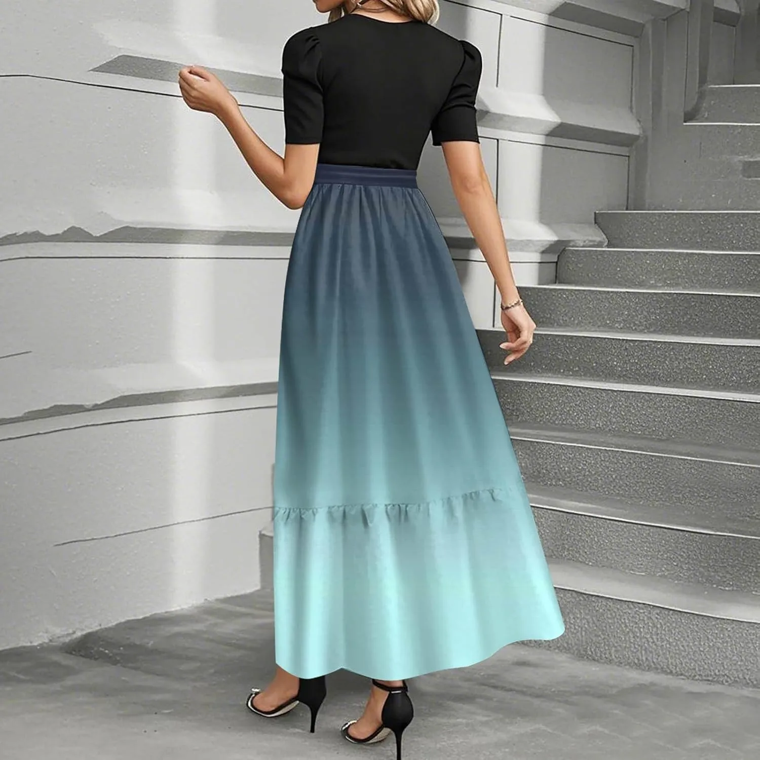 Women 2025 Summer Casual Round Neck Short Sleeve Long Tiered Floral Maxi Flowy Beach Dress