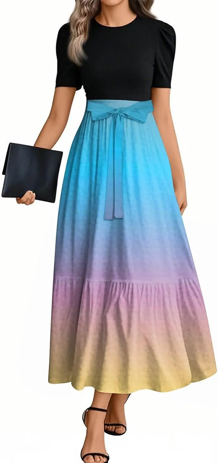 Women 2025 Summer Casual Round Neck Short Sleeve Long Tiered Floral Maxi Flowy Beach Dress
