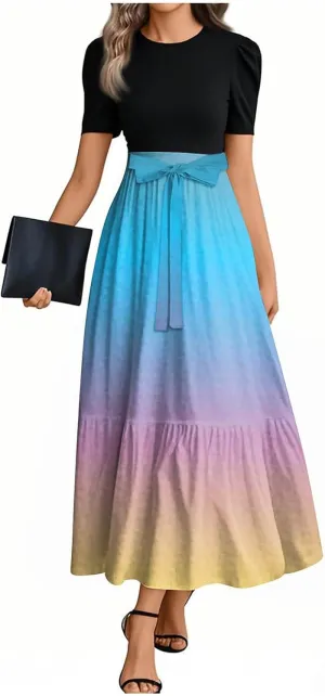 Women 2025 Summer Casual Round Neck Short Sleeve Long Tiered Floral Maxi Flowy Beach Dress