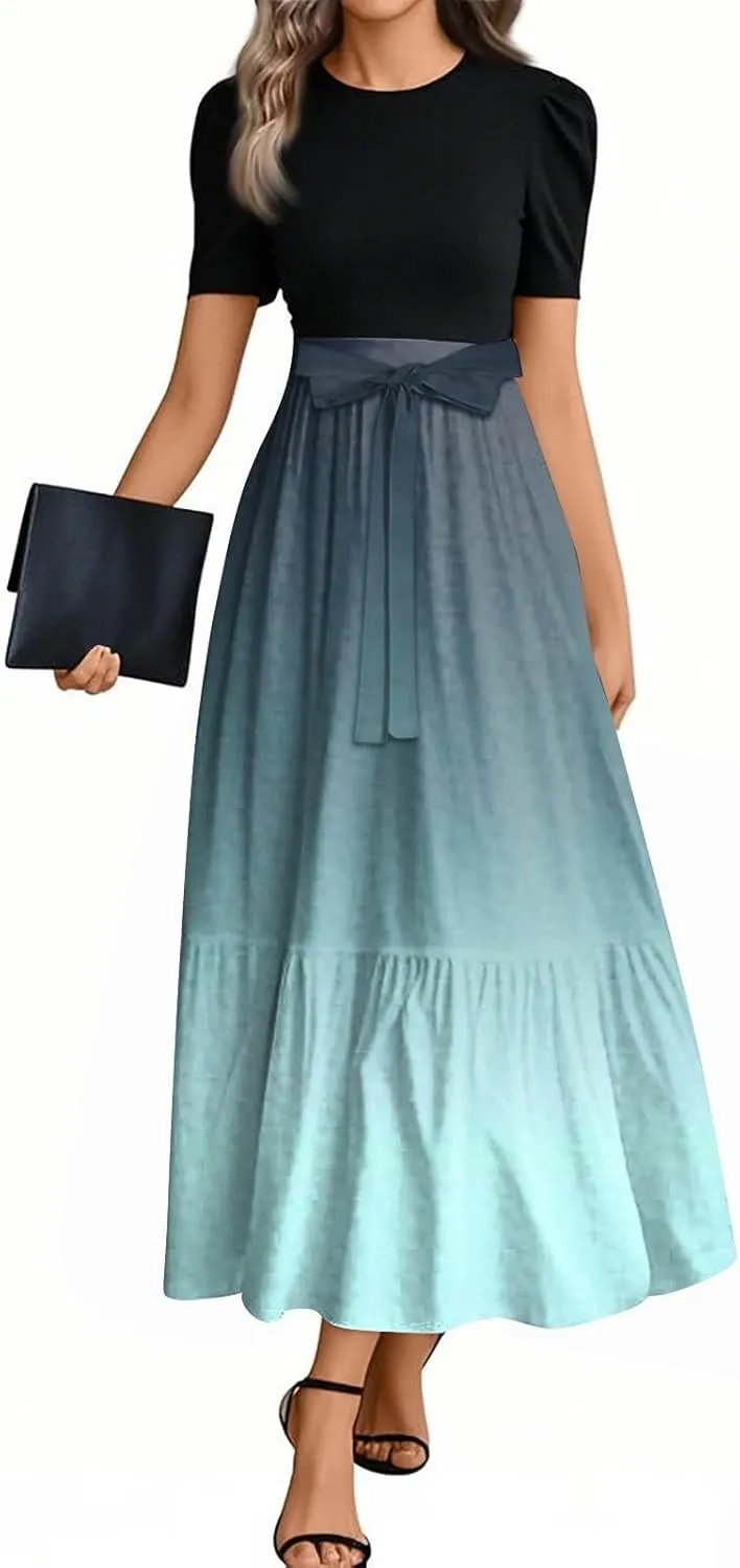 Women 2025 Summer Casual Round Neck Short Sleeve Long Tiered Floral Maxi Flowy Beach Dress