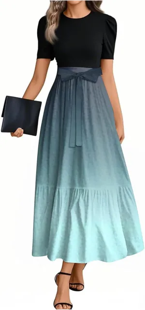 Women 2025 Summer Casual Round Neck Short Sleeve Long Tiered Floral Maxi Flowy Beach Dress