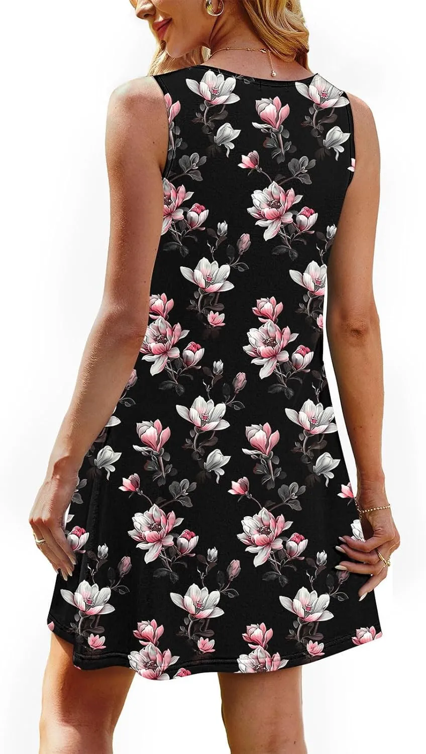 Women Casual A-Line Dress with Pockets 2025 Sleeveless Boho Tank Dress Knee Length Sundress Loose T-Shirt Dresses