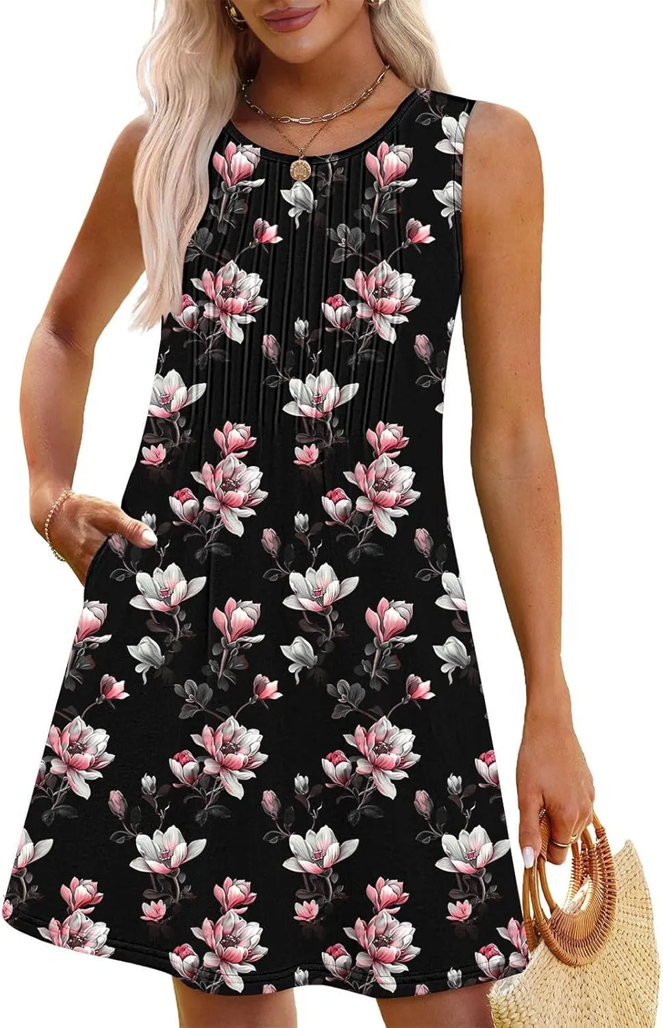 Women Casual A-Line Dress with Pockets 2025 Sleeveless Boho Tank Dress Knee Length Sundress Loose T-Shirt Dresses