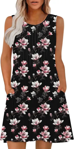 Women Casual A-Line Dress with Pockets 2025 Sleeveless Boho Tank Dress Knee Length Sundress Loose T-Shirt Dresses