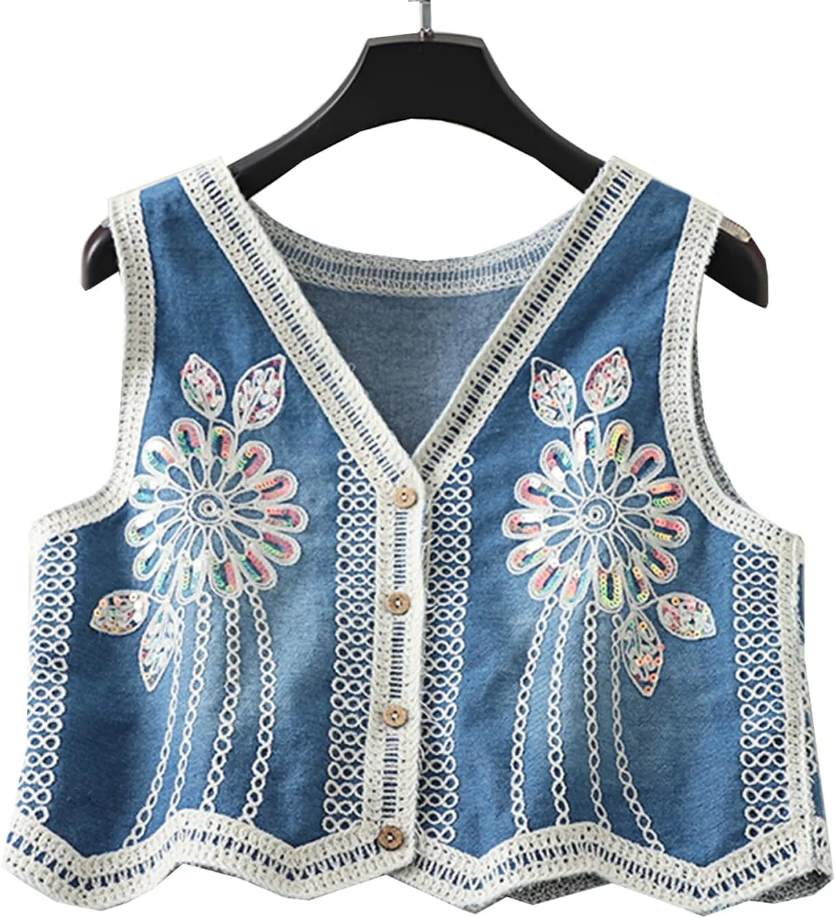 Women Embroiderey Vest Denim Top Sleeveless Button Open Front Crop Cardigan Y2k Boho Floral Jeans Jacket Going Out