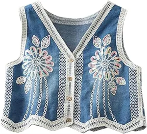 Women Embroiderey Vest Denim Top Sleeveless Button Open Front Crop Cardigan Y2k Boho Floral Jeans Jacket Going Out