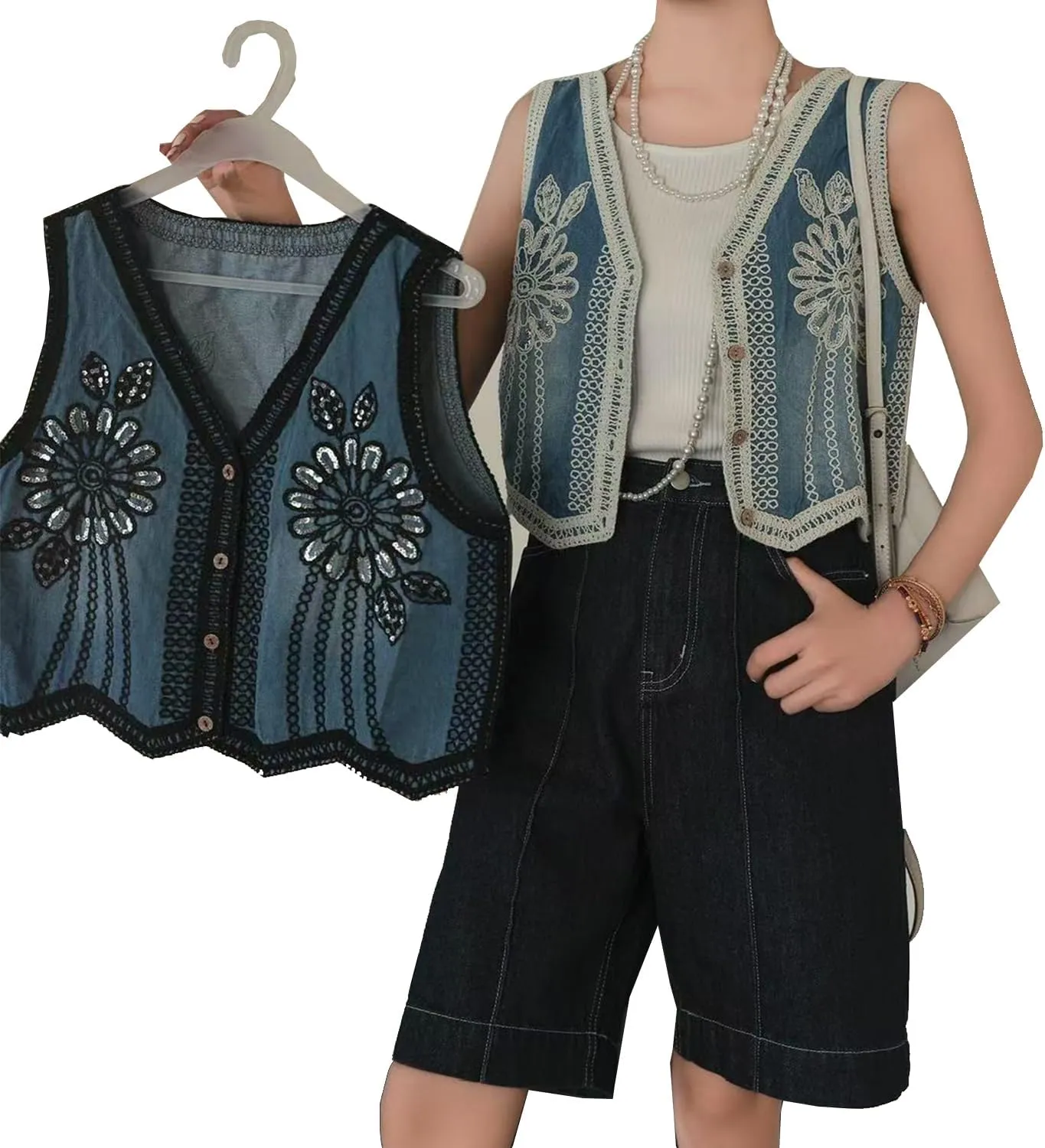 Women Embroiderey Vest Denim Top Sleeveless Button Open Front Crop Cardigan Y2k Boho Floral Jeans Jacket Going Out
