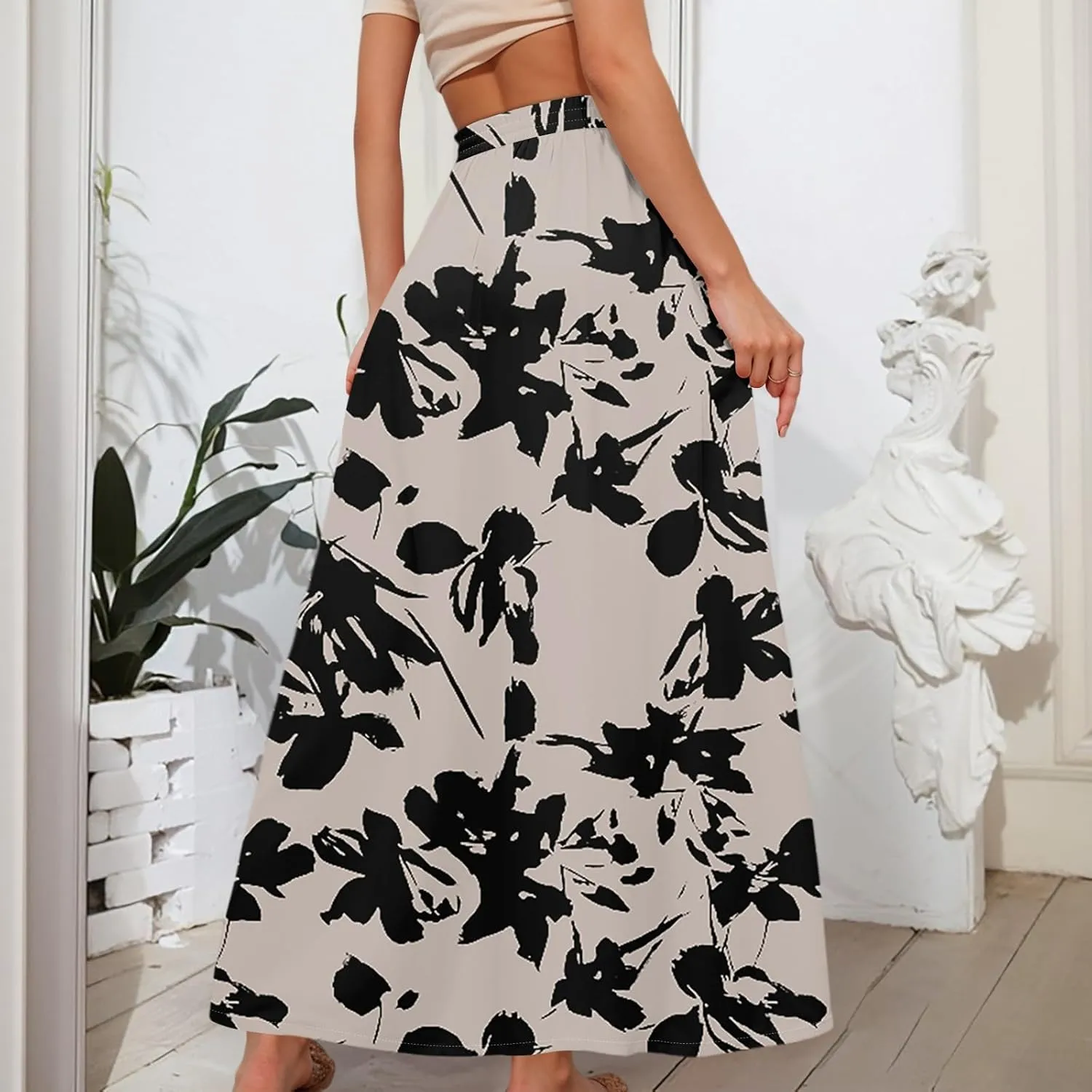 Women Floral Skirt A Line Pleated Flowy Midi Skirts with Pockets Drawstring Casual Elastic High Waisted Boho Beach Dress