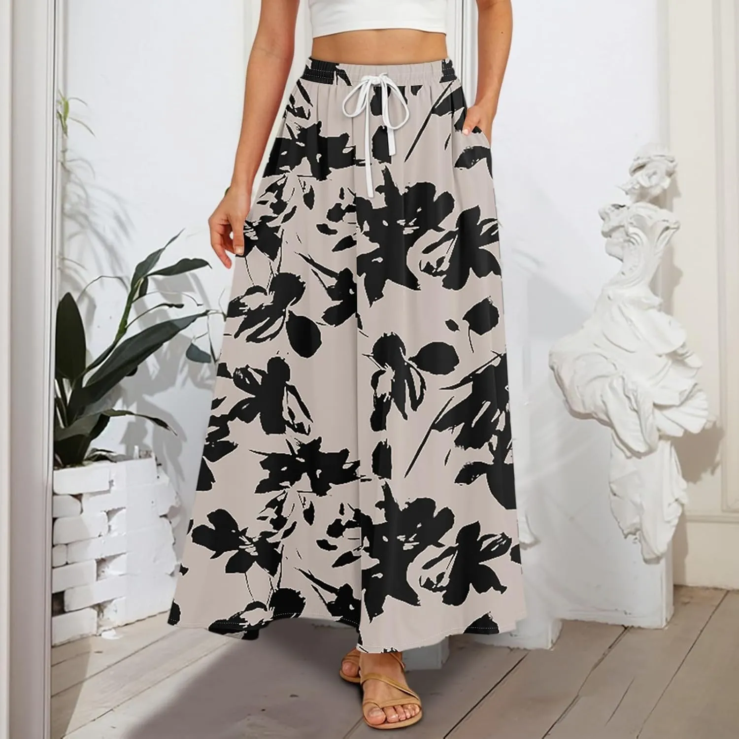 Women Floral Skirt A Line Pleated Flowy Midi Skirts with Pockets Drawstring Casual Elastic High Waisted Boho Beach Dress