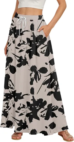 Women Floral Skirt A Line Pleated Flowy Midi Skirts with Pockets Drawstring Casual Elastic High Waisted Boho Beach Dress