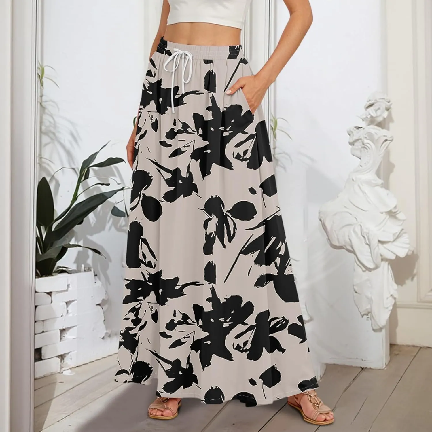 Women Floral Skirt A Line Pleated Flowy Midi Skirts with Pockets Drawstring Casual Elastic High Waisted Boho Beach Dress