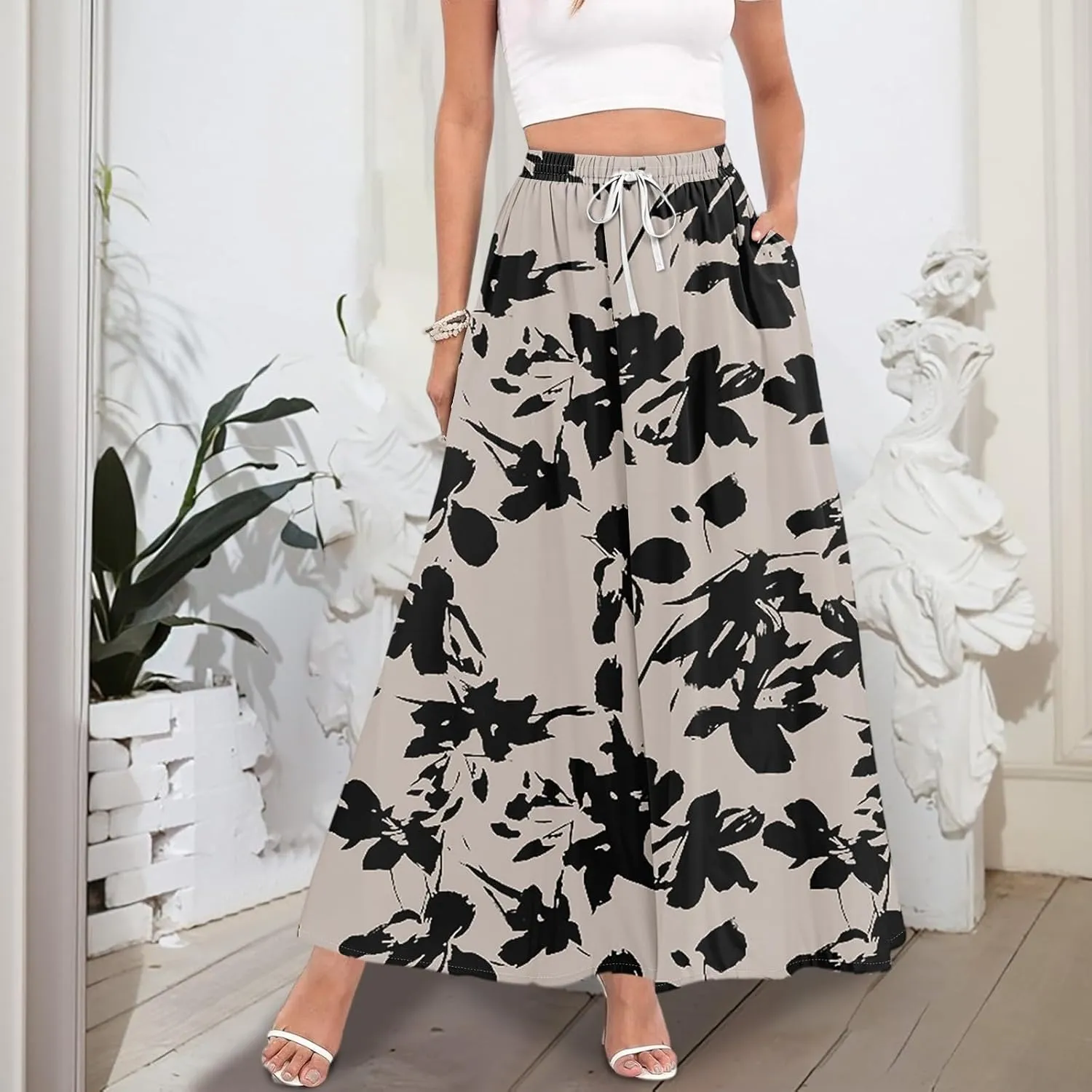 Women Floral Skirt A Line Pleated Flowy Midi Skirts with Pockets Drawstring Casual Elastic High Waisted Boho Beach Dress