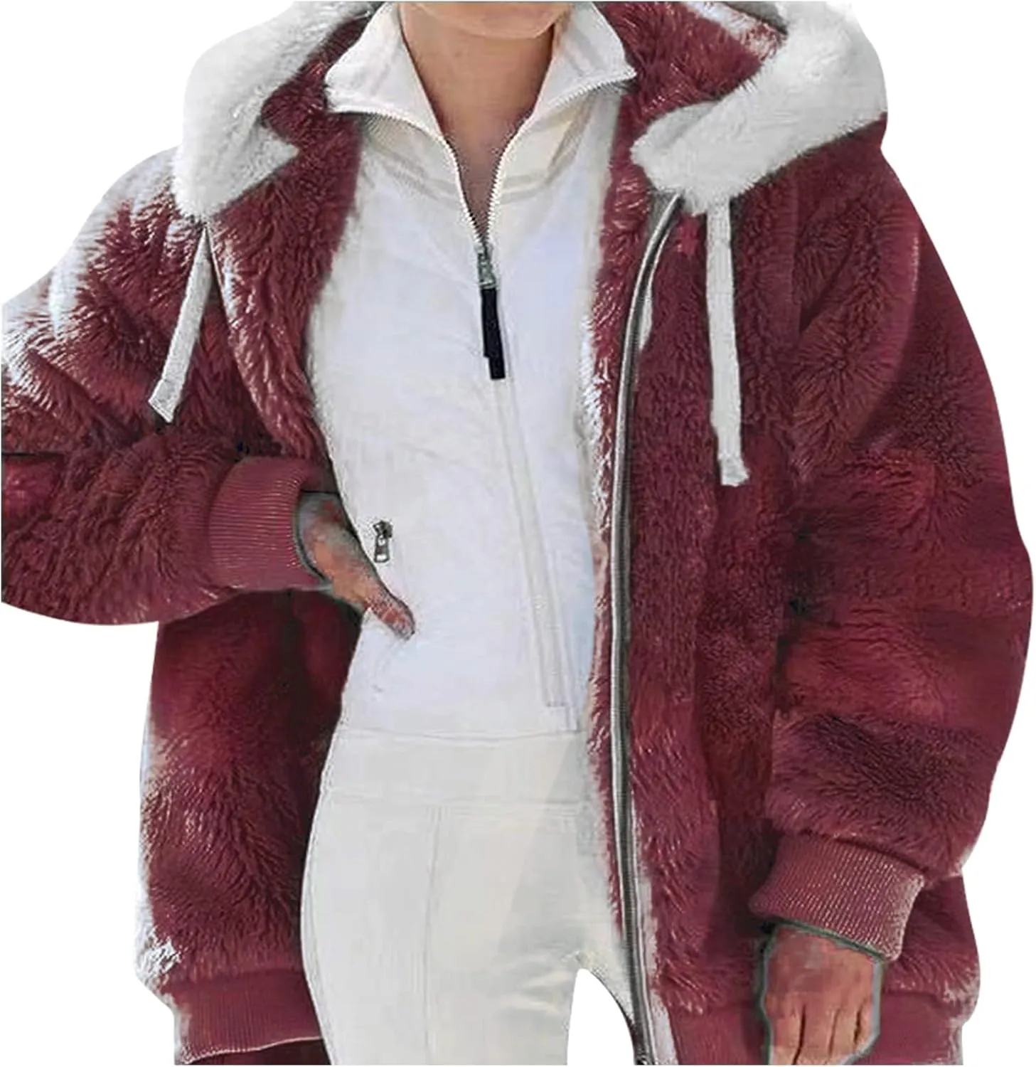 Women Furry Hooded Jacket Winter Warm Coats Plus Size Zip Up Hoodie Plush Fuzzy Jackets Casual Outerwear