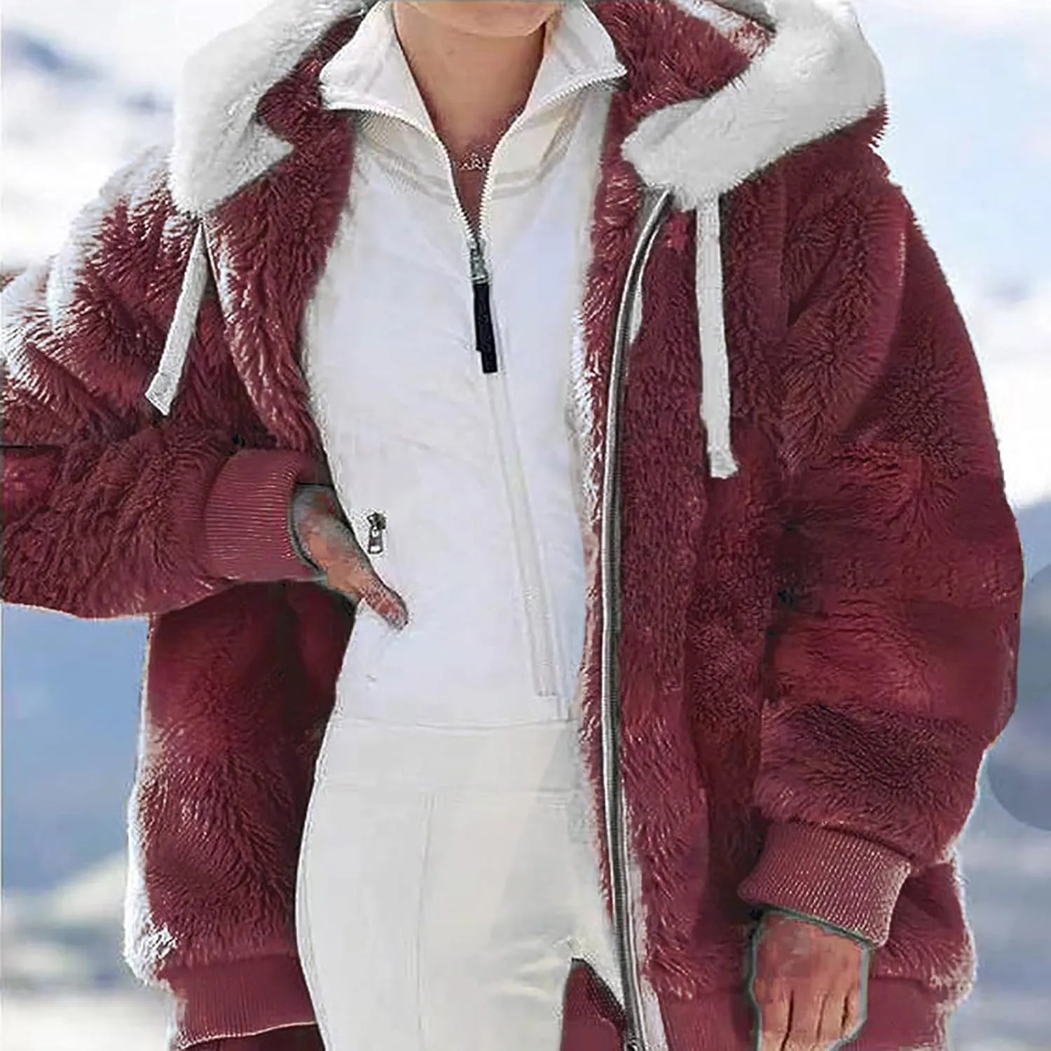 Women Furry Hooded Jacket Winter Warm Coats Plus Size Zip Up Hoodie Plush Fuzzy Jackets Casual Outerwear