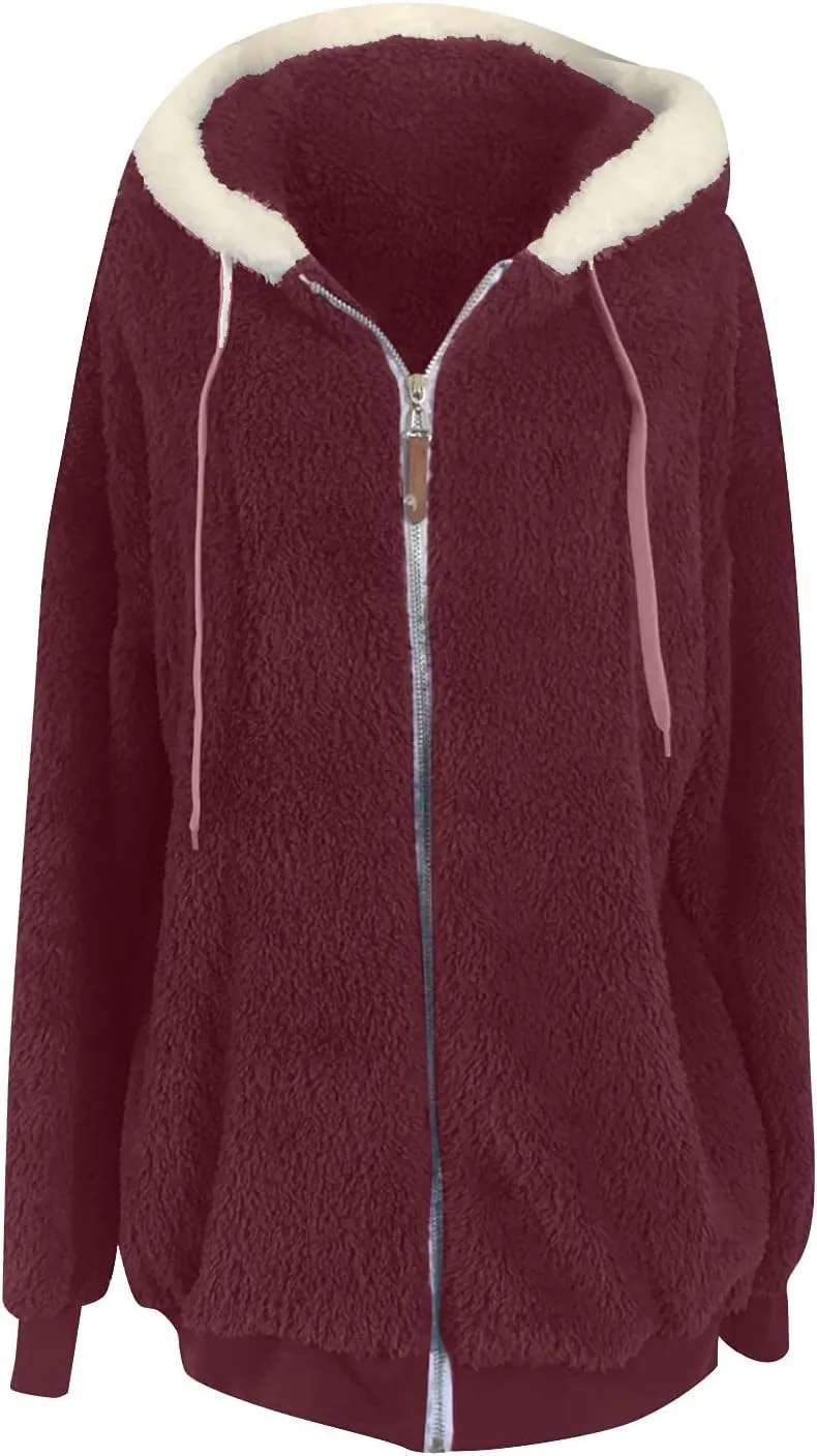 Women Furry Hooded Jacket Winter Warm Coats Plus Size Zip Up Hoodie Plush Fuzzy Jackets Casual Outerwear
