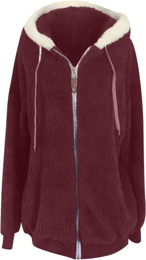 Women Furry Hooded Jacket Winter Warm Coats Plus Size Zip Up Hoodie Plush Fuzzy Jackets Casual Outerwear