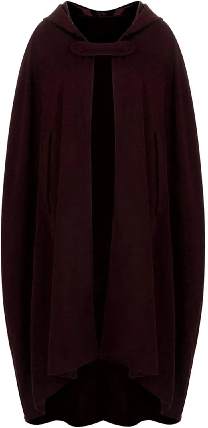 Women Hooded Cape Winter Casual Wool Blend Trench Coat Fashion Windproof Open Front Cardigan Maxi Cloak Coat