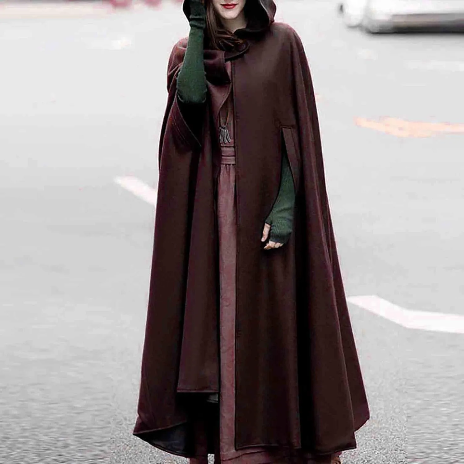 Women Hooded Cape Winter Casual Wool Blend Trench Coat Fashion Windproof Open Front Cardigan Maxi Cloak Coat