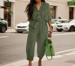 Women Jumpsuit Cotton Linen One Piece Outfit Long Sleeve Button Down Belt Elastic Waist Long Pant Romper with Pocket
