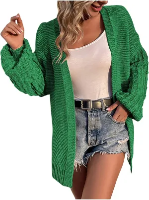 Women Open Front Cardigan Sweaters Casual Loose Chunky Knit Outwear Coat Casual Solid Color Lantern Sleeves Jacke