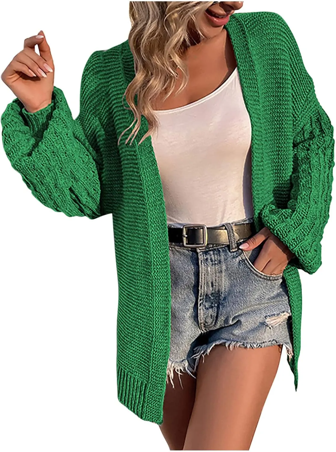 Women Open Front Cardigan Sweaters Casual Loose Chunky Knit Outwear Coat Casual Solid Color Lantern Sleeves Jacke