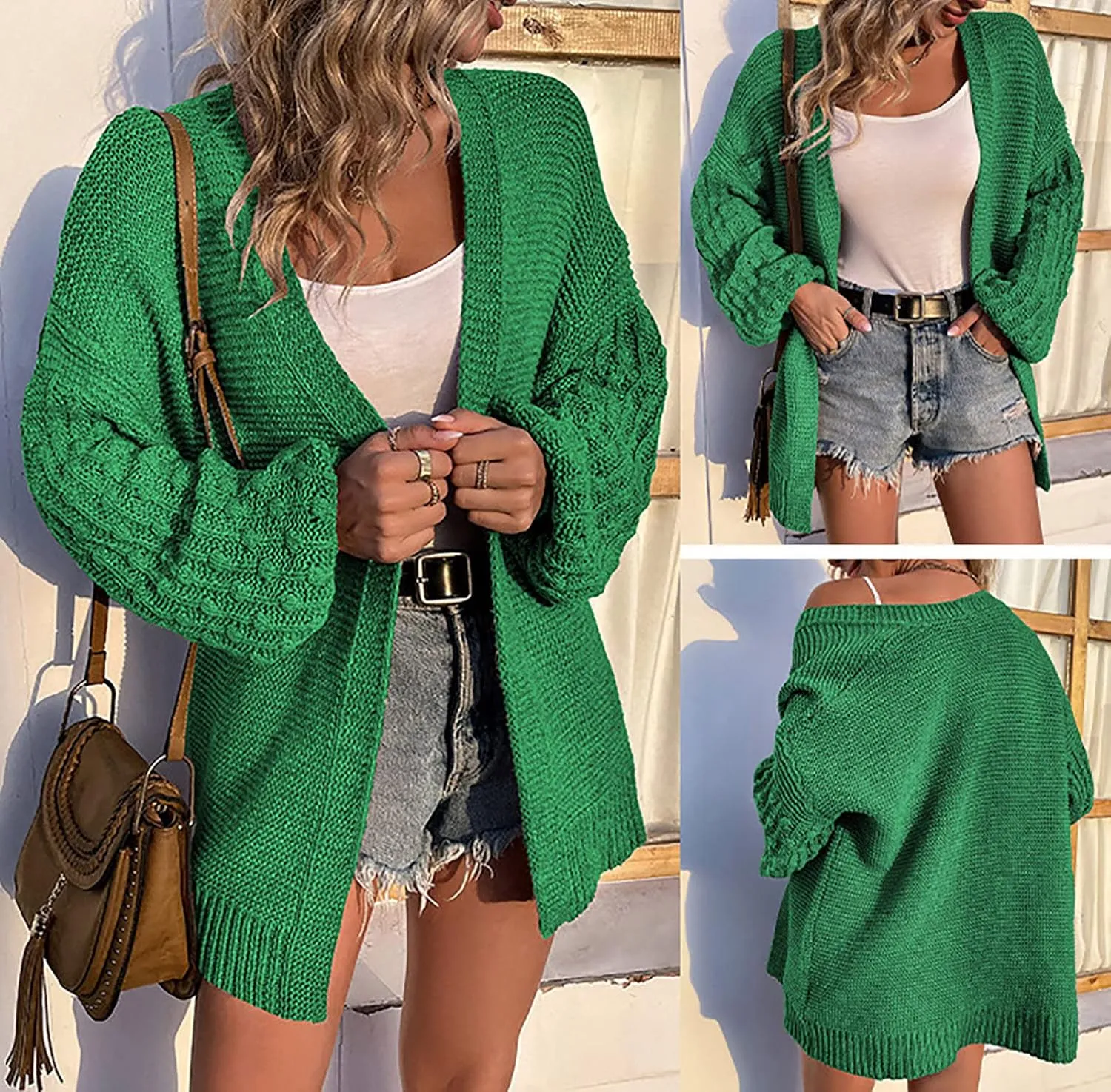Women Open Front Cardigan Sweaters Casual Loose Chunky Knit Outwear Coat Casual Solid Color Lantern Sleeves Jacke