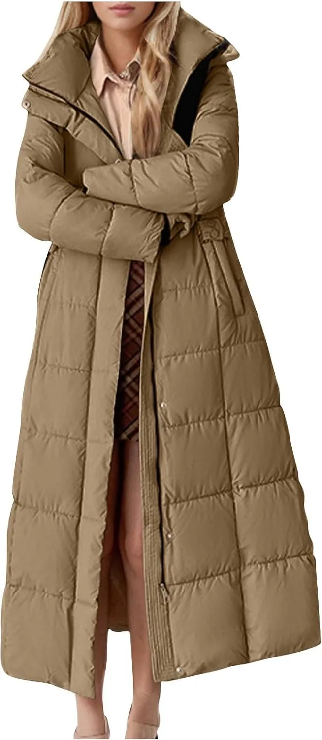 Women Quilted Long Puffer Jacket Winter Heavyweight Warm Down Coats Casual Long Sleeve Hooded Padded Outwear
