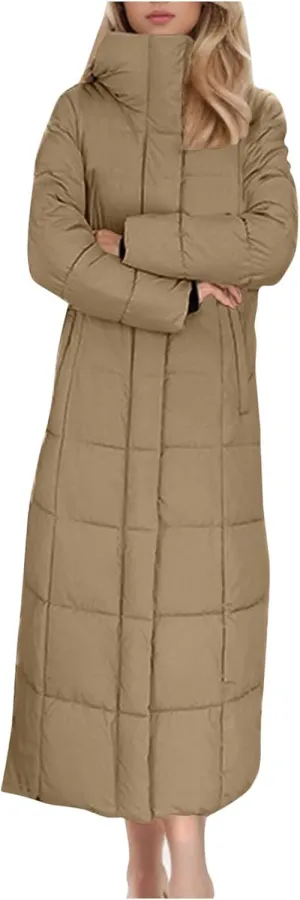 Women Quilted Long Puffer Jacket Winter Heavyweight Warm Down Coats Casual Long Sleeve Hooded Padded Outwear