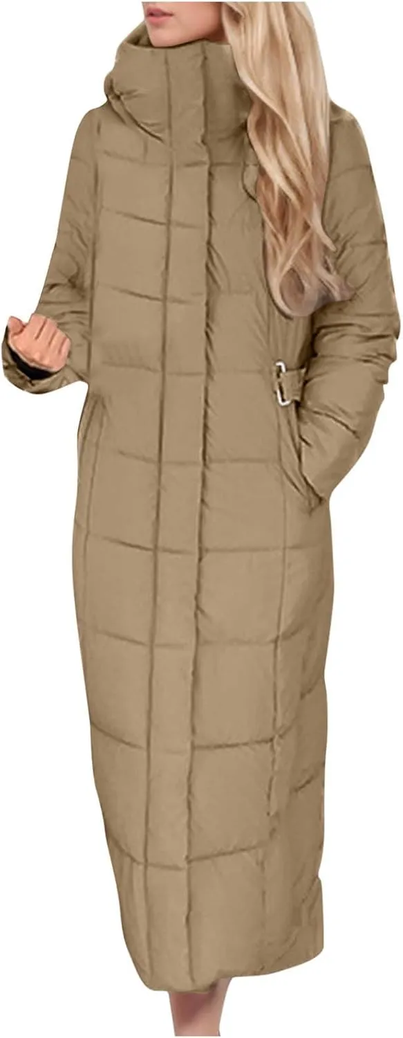 Women Quilted Long Puffer Jacket Winter Heavyweight Warm Down Coats Casual Long Sleeve Hooded Padded Outwear