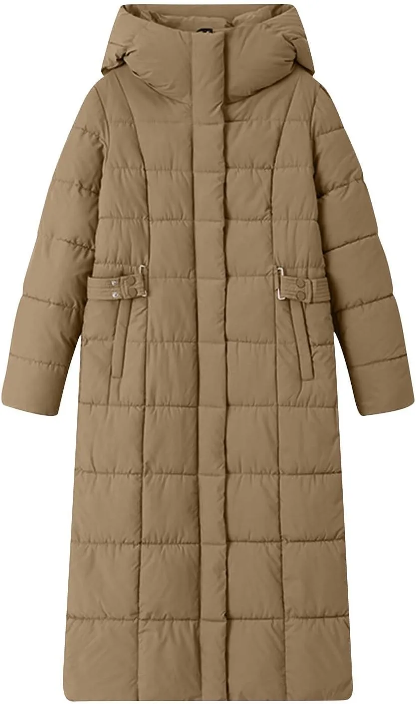 Women Quilted Long Puffer Jacket Winter Heavyweight Warm Down Coats Casual Long Sleeve Hooded Padded Outwear