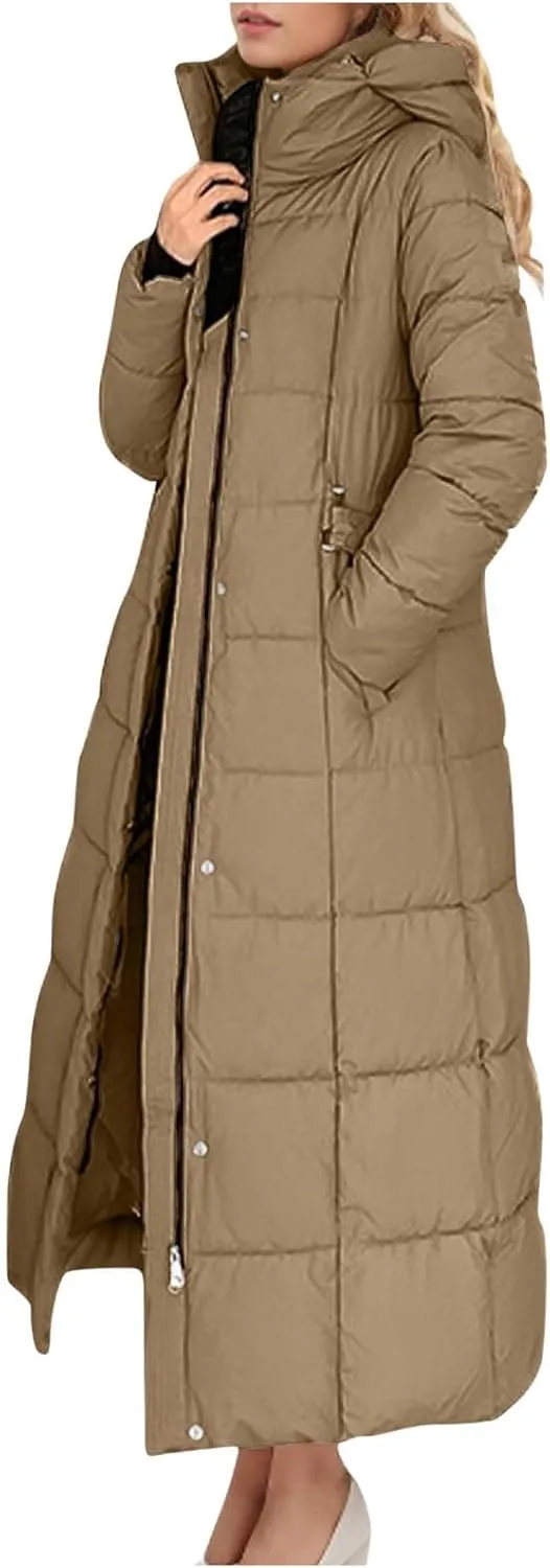 Women Quilted Long Puffer Jacket Winter Heavyweight Warm Down Coats Casual Long Sleeve Hooded Padded Outwear