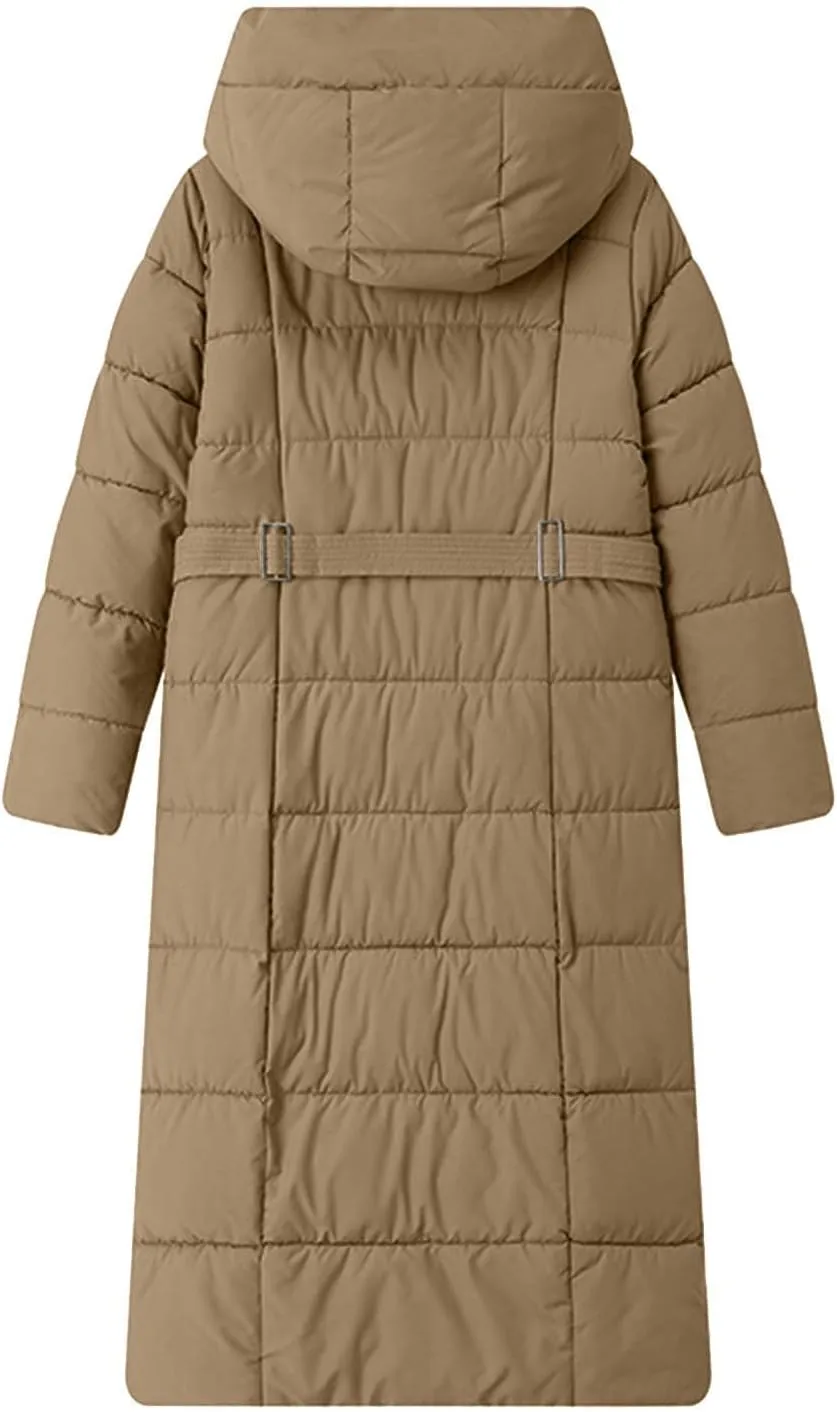 Women Quilted Long Puffer Jacket Winter Heavyweight Warm Down Coats Casual Long Sleeve Hooded Padded Outwear