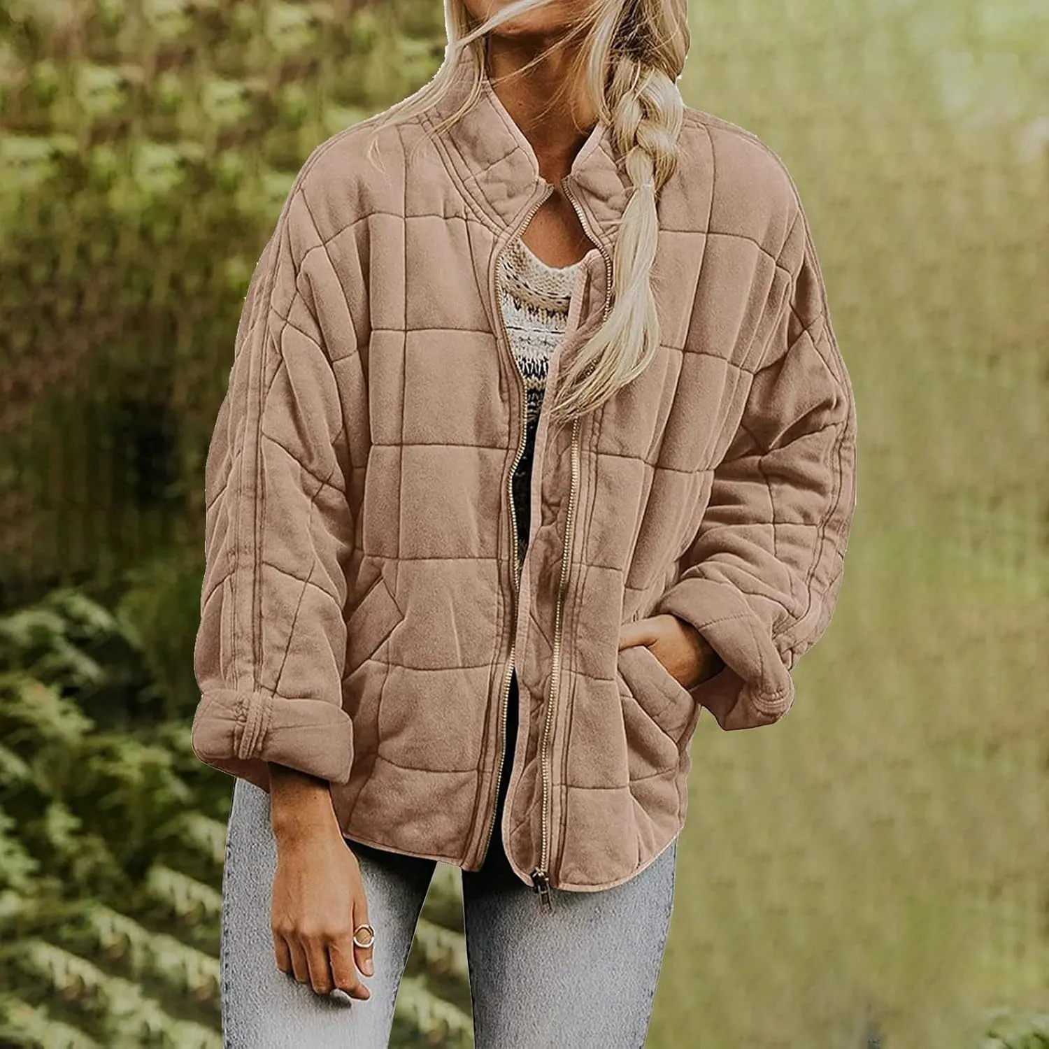 Women Quilted Puffer Jackets Stand Collar Lightweight Zipper Button Cropped Loose Coats Warm Outwear Top with Pockets