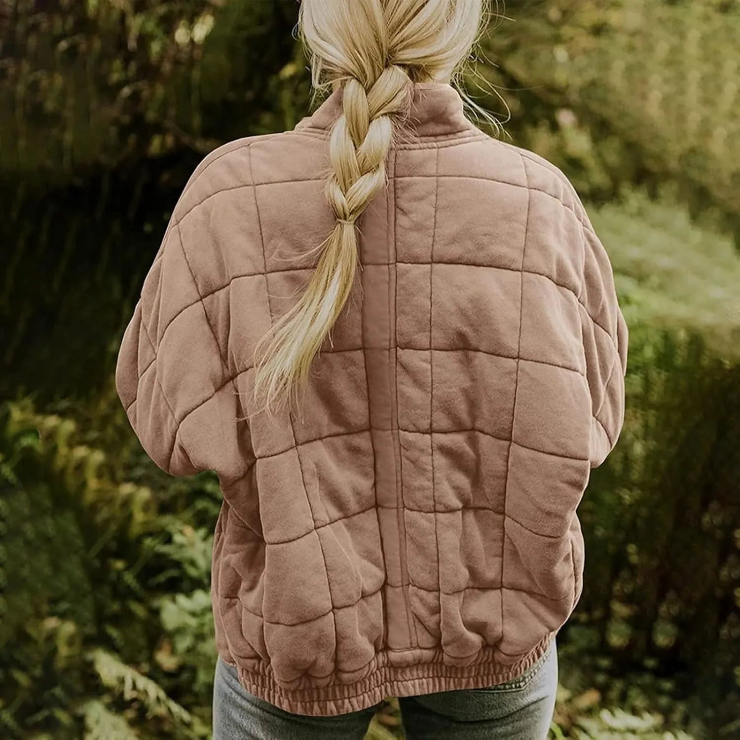 Women Quilted Puffer Jackets Stand Collar Lightweight Zipper Button Cropped Loose Coats Warm Outwear Top with Pockets