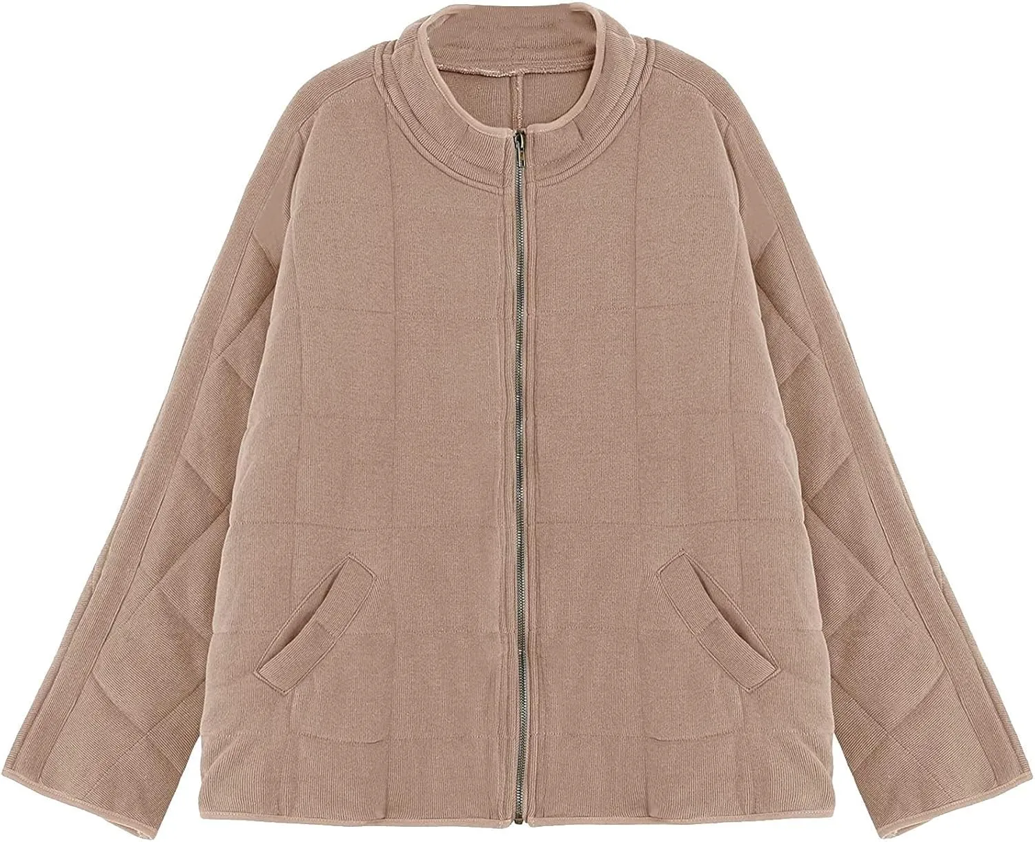 Women Quilted Puffer Jackets Stand Collar Lightweight Zipper Button Cropped Loose Coats Warm Outwear Top with Pockets