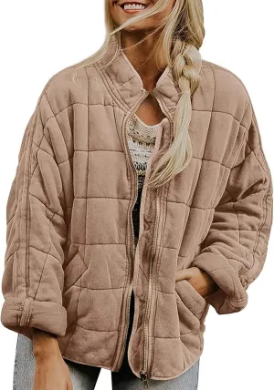 Women Quilted Puffer Jackets Stand Collar Lightweight Zipper Button Cropped Loose Coats Warm Outwear Top with Pockets