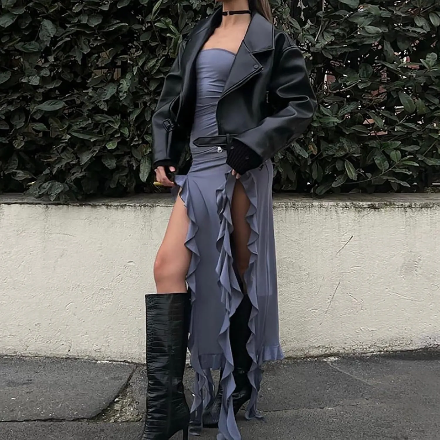 Women Ruffle Tube Dress Sexy Strapless Ruched Thigh Split Asymmetric Hem Tassel Midi Dresses