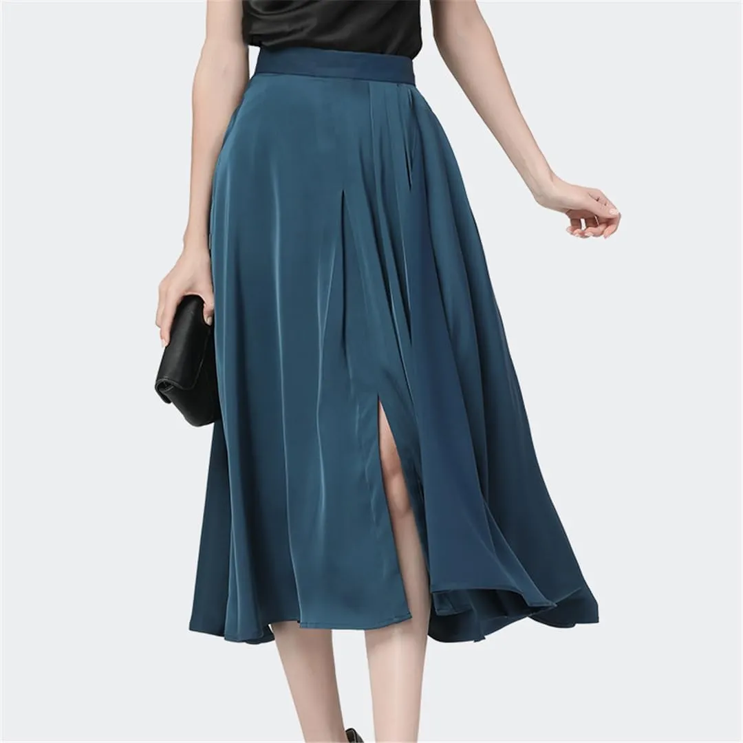 Women Summer Blue Satin Skirt Mid-Length Big Swing Pleated Plus Size A-Line Split Skirts